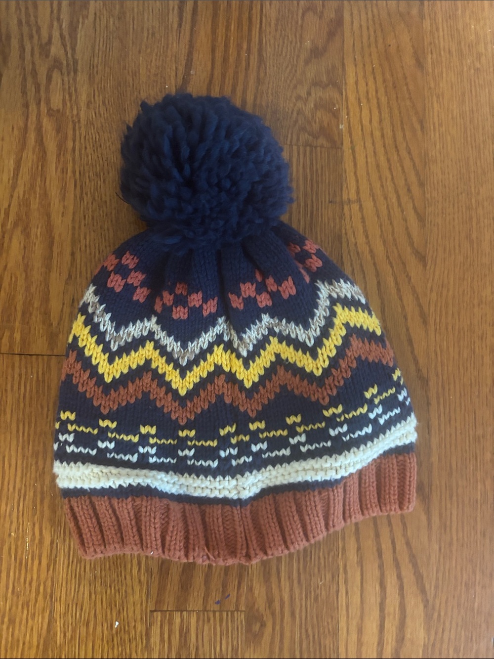 Kids Pom-Pom Knit Beanie - Navy, Brown & Yellow